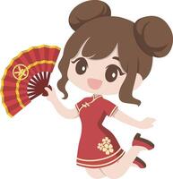 Woman in Cheongsam Holding Paper Fan for Lunar New Year. vector