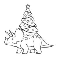 Christmas Dinosaur with Decorated Tree Line art vector