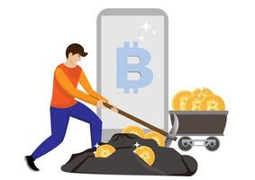 People dig around to find cryptocurrencies. A person is digging a hole in the ground with a shovel. Bitcoin cryptocurrency mining vector