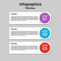 Three step process text blocks colored circles numbered steps. vector