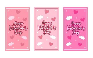 Three pink Valentines Day cards feature hearts clouds and greetings. vector