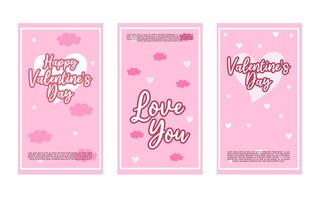 Three pink Valentines Day cards feature hearts text and clouds. vector