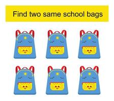 Educational game for kids. Need to find two same school bags. Visual intelligence. illustration vector