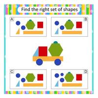 Puzzle game for children. Find the correct set of cartoon truck. Answer is B. vector