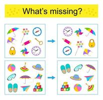 Puzzle game for kids. Task for the development of attention and logic. Find the missing object. vector