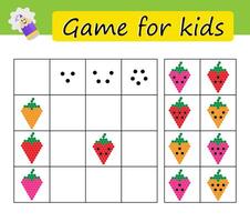 Puzzle task, game for preschool kids. Developing numeracy skills. Cartoon strawberries. vector
