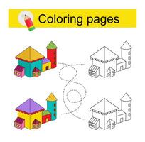 Educational game for kids. Go through the maze and color a cartoon house according to the pattern. vector