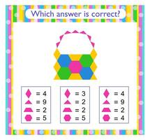 Math activity for kids. Need to find the correct answer. Cartoon wicker basket. vector