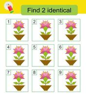 Fun puzzle game. Need to find two identical cartoon flowers. Answer is 4,9. vector
