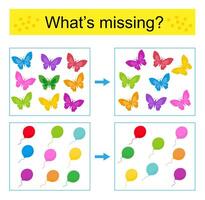 Puzzle game for kids. Task for the development of attention and logic. Find the missing balloon and, butterfly. vector