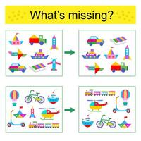 Puzzle game. Task for the development of attention and logic for children. Find the missing object. vector