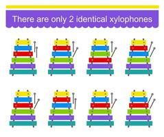 Fun puzzle game for children. Need to find two identical xylophones. Task for development of attention and logic. . vector