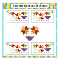Puzzle for kids. Attention task. Find the correct set of cartoon flowers. Answer is C. vector