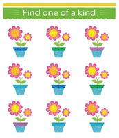 Educational game for children. Need to find one of a kind flower pot. Visual intelligence. illustration vector