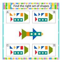 Puzzle for kids. Find the correct set of cartoon rocket ship. Answer is D. vector