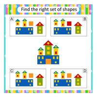 Puzzle for kids. Find the correct set of cartoon castle. Answer is D. vector