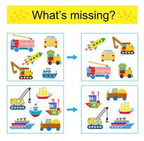 Puzzle game for kids. Task for the development of attention and logic. Find the missing transport. vector