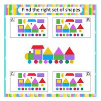 Puzzle for kids. Attention task. Find the correct set of cartoon train. Answer is B. vector
