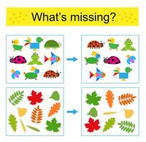 Puzzle game for kids. Task for the development of attention and logic. Find the missing object. vector