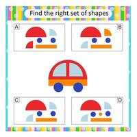Puzzle for kids. Find the correct set of cartoon car. Answer is C. vector