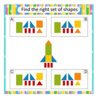 Puzzle for kids. Find the correct set of cartoon rocket ship. Answer is B vector