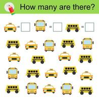 Math activity for kids. Developing numeracy skills. Cartoon transport. vector