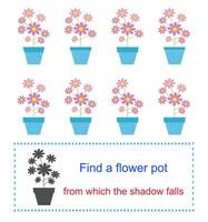 Educational game for kids. Task for attentiveness. Find a flower vase from which the shadow falls. illustration. vector