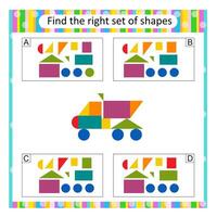 Puzzle game for children. Find the correct set of cartoon dump truck. Answer is B. vector