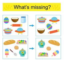 Puzzle game for kids. Task for the development of attention and logic. Find the missing object. vector