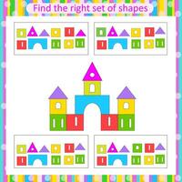 Educational logical game for kids. Find the right set of geometric shapes. Preschool worksheet activity vector
