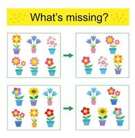 Puzzle game. Task for the development of attention and logic for children. Find the missing object. vector