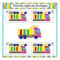 Puzzle for kids. Find the correct set of cartoon dump truck. Answer is B. vector