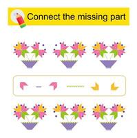 Connect the missing part. Attention task for kids. Cartoon flowers. vector