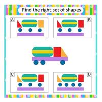 Puzzle for kids. Find the correct set of cartoon truck. Answer is C . vector
