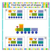 Puzzle for kids. Find the correct set of cartoon train. Answer is B. vector