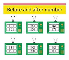 What comes Before and After. Math worksheets for kids. Number range up to 15. illustration of cartoon TV retro. vector