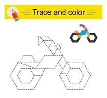 Trace and color for children. Preschool worksheet for practicing fine motor skills. Cartoon bicycle. vector