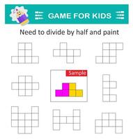 Logical puzzle game. Attention tasks for children. Need to divide by half and paint vector
