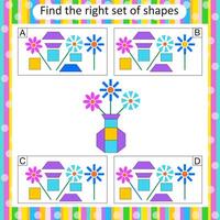 Logic puzzle for children. Find the correct set of flower vase. Preschool worksheet activity. illustration vector