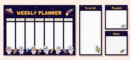 Space animals. Set of weekly planner, to do list, goals and notes. Set with space elements and animals astronauts. vector