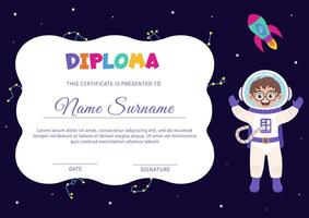 Diploma, certificate with space elements and boy astronaut. vector
