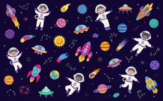 Space set. Set of space elements planets, comets, rockets, spaceship and children astronauts. vector