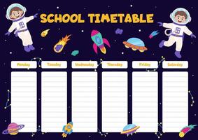 Space school timetable with space elements and children astronauts. vector
