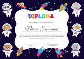 Space animals. Diploma, certificate with space elements and animals astronauts. vector