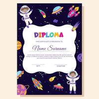 Space concept. Diploma, certificate with space elements and children astronauts. vector