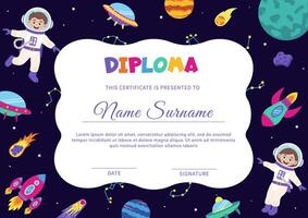 Space diploma, certificate with space elements and children astronauts. vector