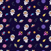 Space animals. Seamless pattern with space elements and animal astronaut bear. vector