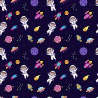Space seamless pattern with space elements and children astronauts. vector