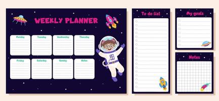Space set of weekly planner, to do list, goals and notes. Set with space elements and girl astronaut. vector