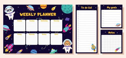 Set of weekly planner, to do list, goals and notes with space concept. Set with space elements and animals astronauts. vector